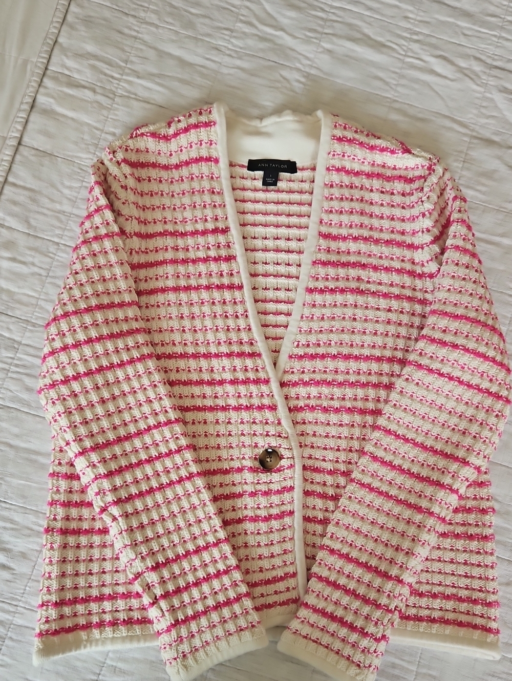 ANN TAYLOR Cream & Pink Striped Knit Cardigan Sweater